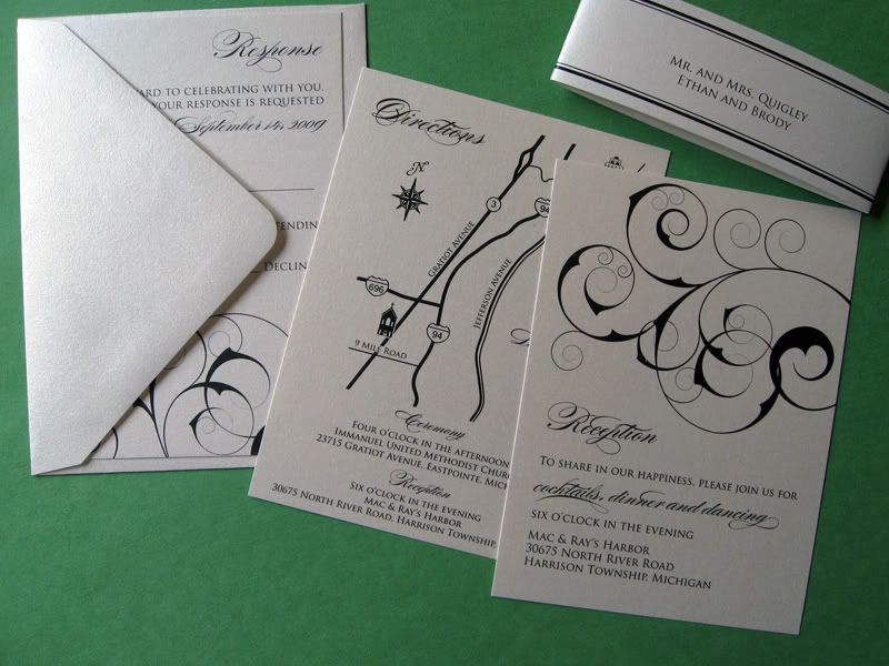 A reception card directions card with a location map response card and 