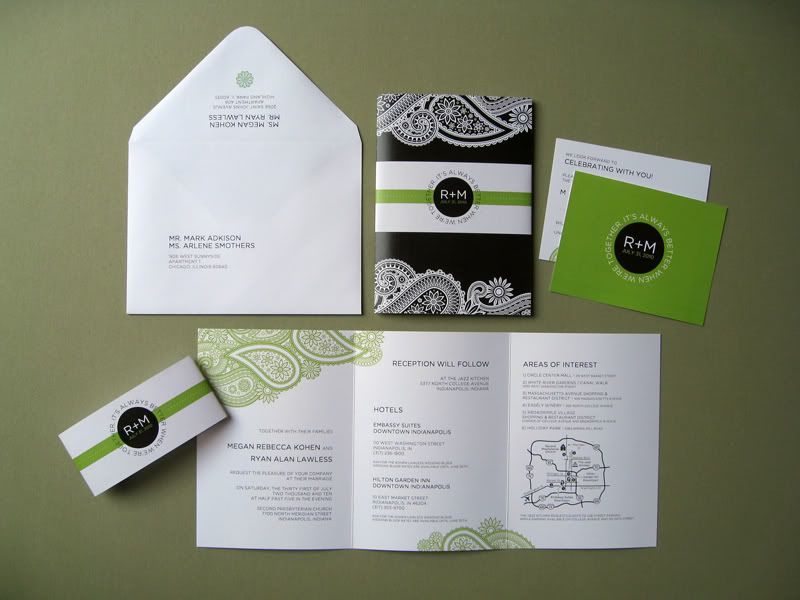 green black and white wedding invitations